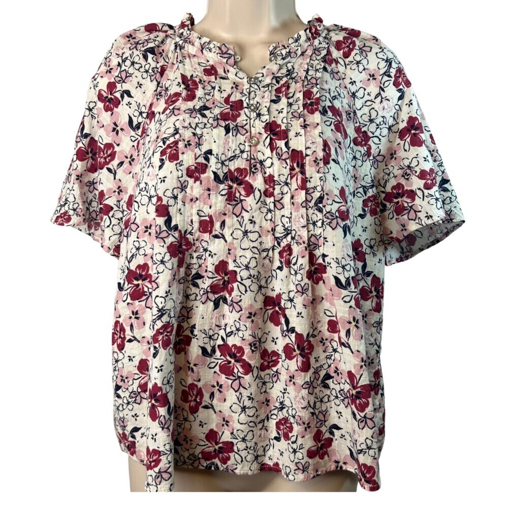 Falls Creek Pintuck Peasant Blouse Floral Print Cotton Cottage Core SM